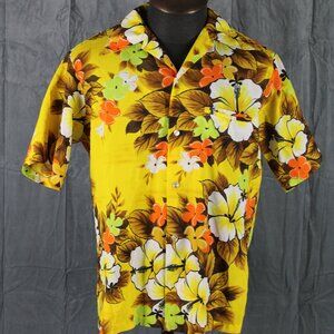 Vintage Hawaiian Shirt - Yelow Brown and Orange Floral Pattern - Men's Large